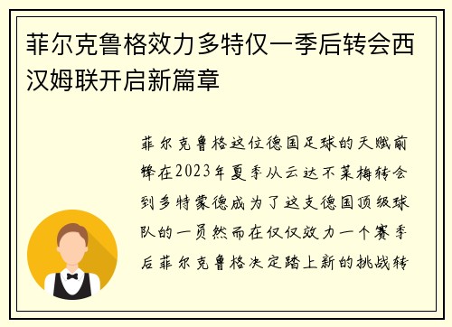 菲尔克鲁格效力多特仅一季后转会西汉姆联开启新篇章